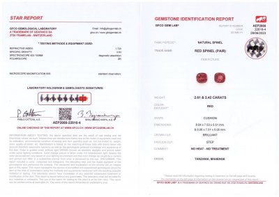 Сертификат Пара ярко-красных шпинелей Махенге в огранке кушон 5,03 карата, Танзания