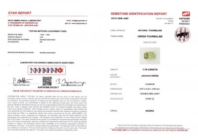 Сертификат Светло-зеленый турмалин в огранке кушон 1,79 карат, Нигерия
