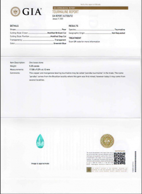 Сертификат Редкий неоново-голубой турмалин Параиба в огранке груша 5,35 карат