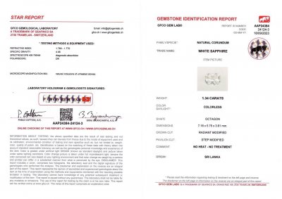 Сертификат Бесцветный сапфир 1,34 карата в огранке радиант, Шри-Ланка
