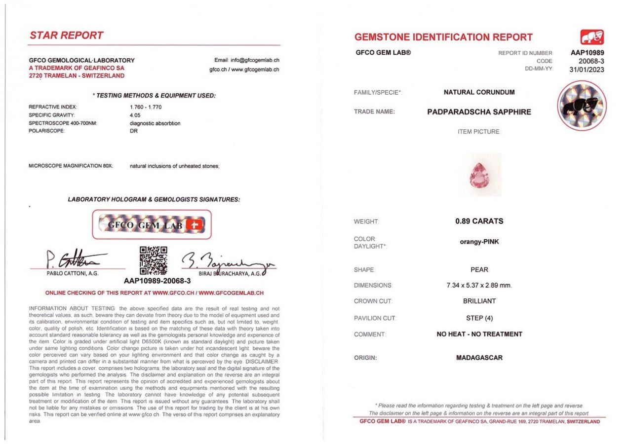 Сертификат Негретый сапфир Падпараджа 0,89 карат, Мадагаскар