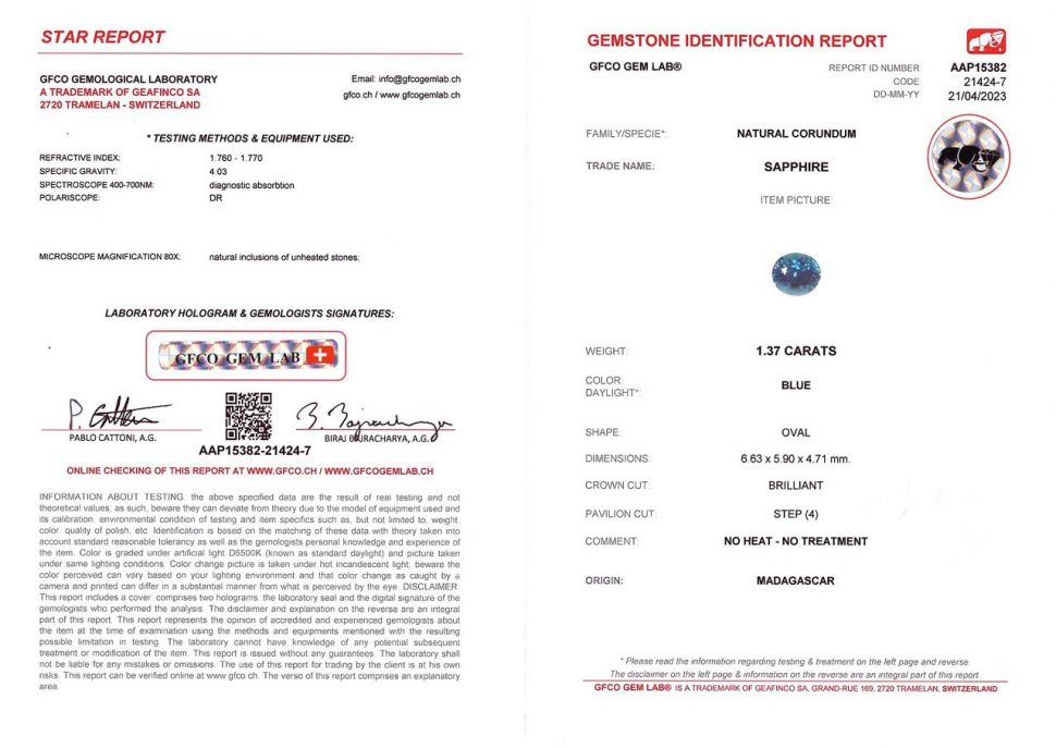 Сертификат Негретый сапфир цвета Teal в огранке овал  1,37 карат, Мадагаскар,
