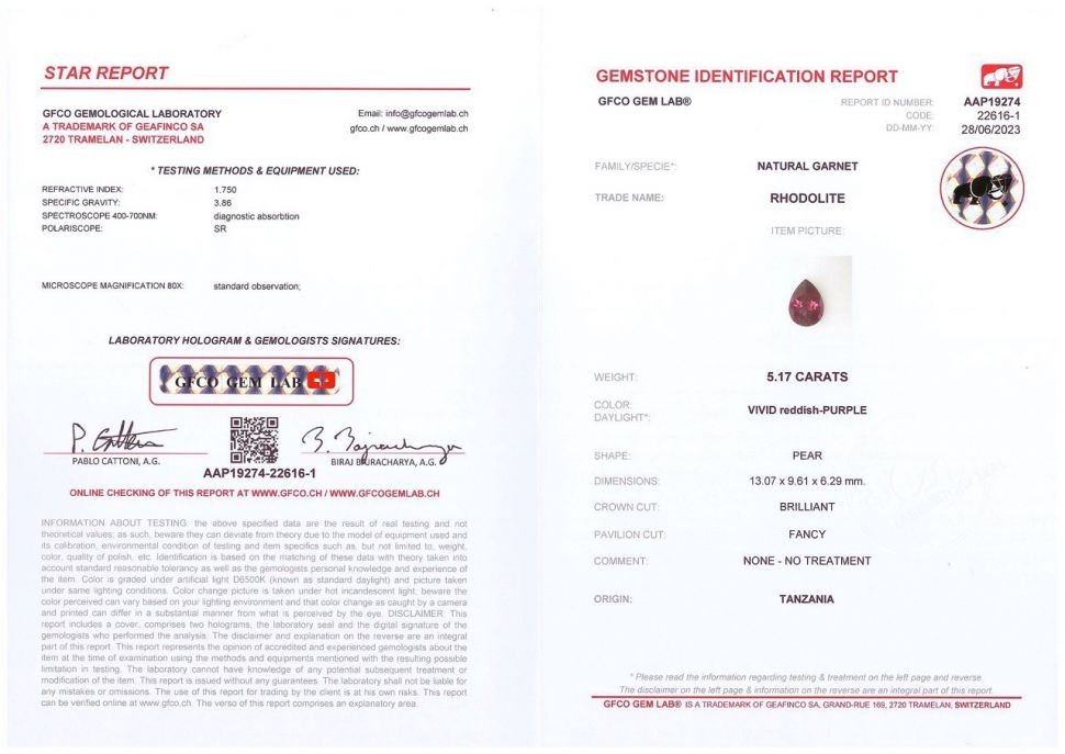 Сертификат Гранат родолит в огранке груша 5,17 карат, Танзания