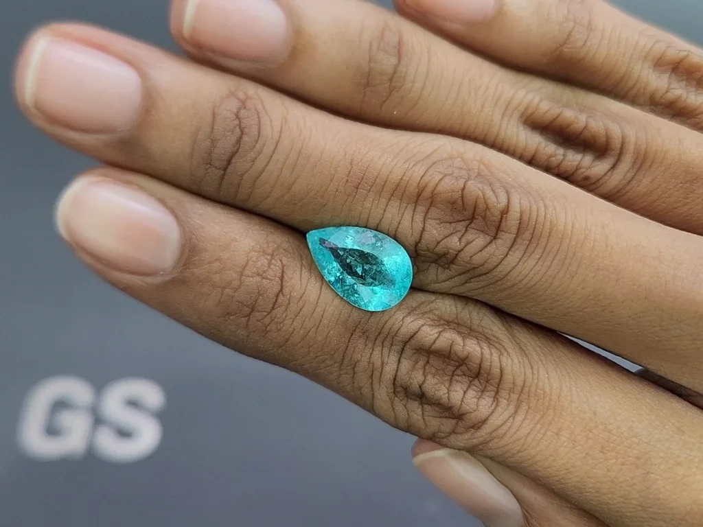 Неоновый зеленовато-голубой турмалин Параиба в огранке груша 3,58 карат, Мозамбик  Изображение №2