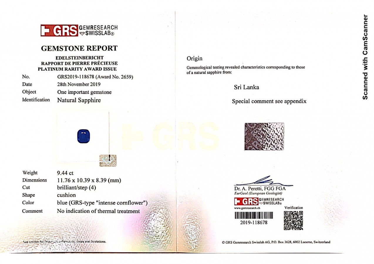 Сертификат Негретый сапфир 9,44 карата, Шри-Ланка, GRS