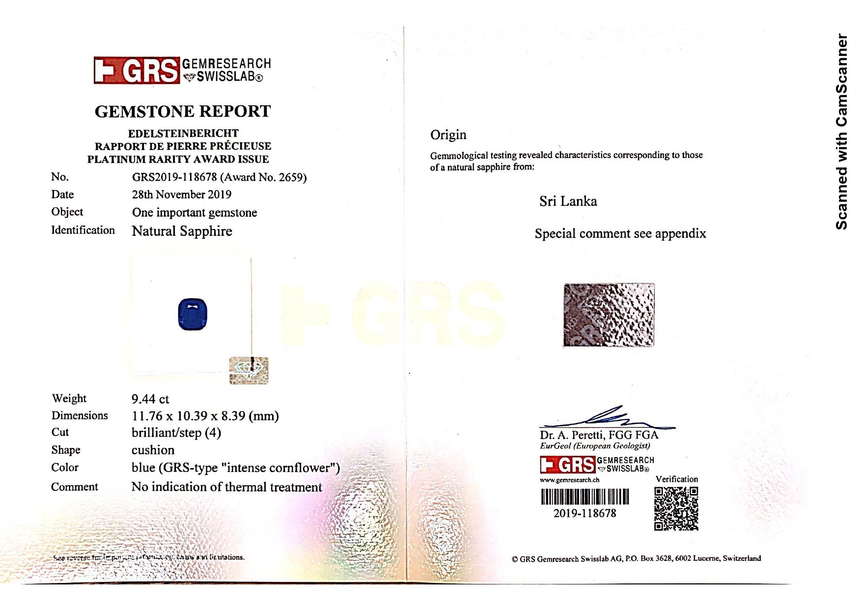 Негретый сапфир 9,44 карата, Шри-Ланка, GRS Изображение №6