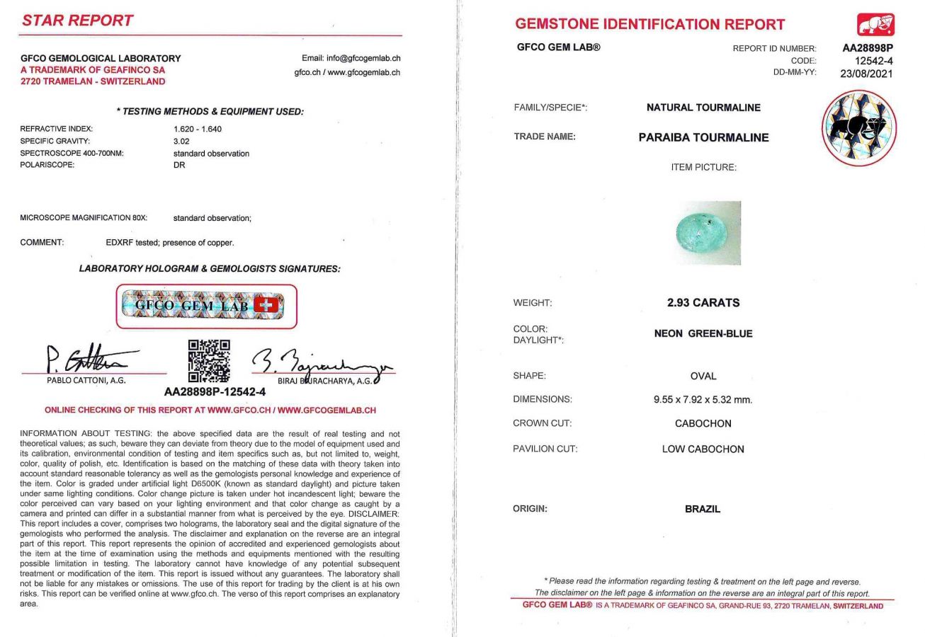 Сертификат Неоновый бразильский турмалин Параиба 2,93 карата, GFCO