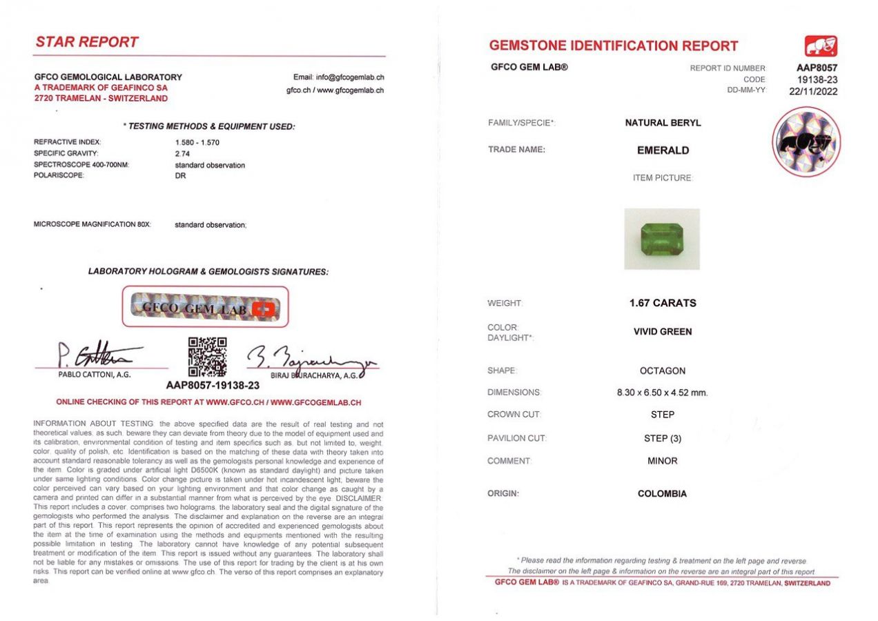 Сертификат Колумбийский изумруд в огранке октагон 1,67 карат