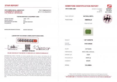 Сертификат Колумбийский изумруд Vivid Green 1,67 карат