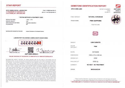Сертификат Розовый негретый сапфир в огранке октагон 0,85 карат, Мадагаскар