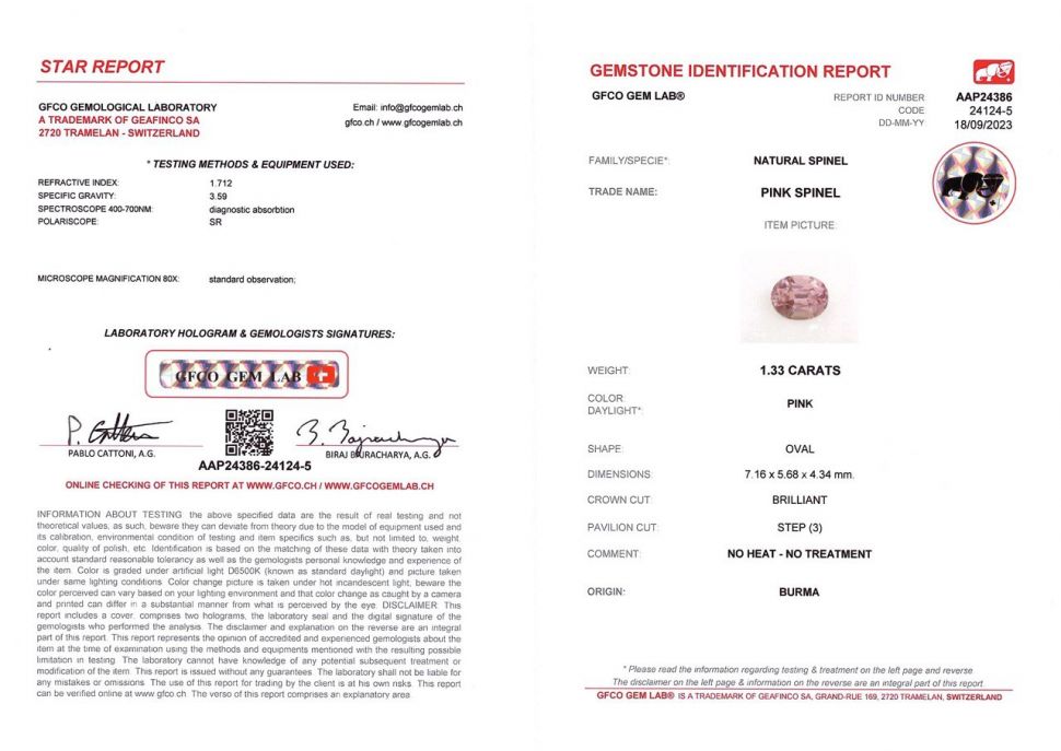 Сертификат Розовая шпинель в огранке овал 1,33 карат, Бирма