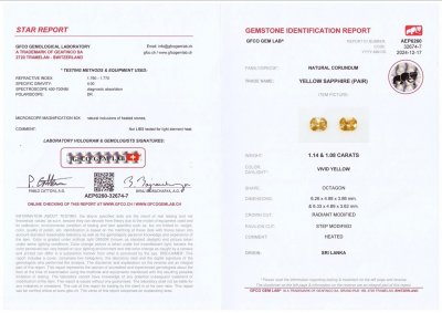 Сертификат Пара сапфиров Vivid Yellow в огранке радиант 2,22 карата, Шри-Ланка 