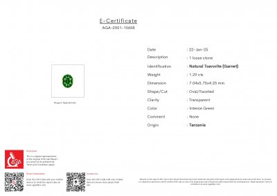 Сертификат Гранат цаворит Intense Green в огранке овал 1,29 карата, Танзания 