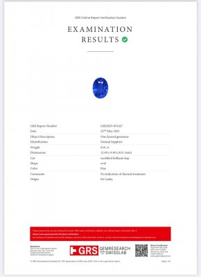 Сертификат Негретый сапфир Royal Blue в огранке овал 9,01 карат, Шри-Ланка