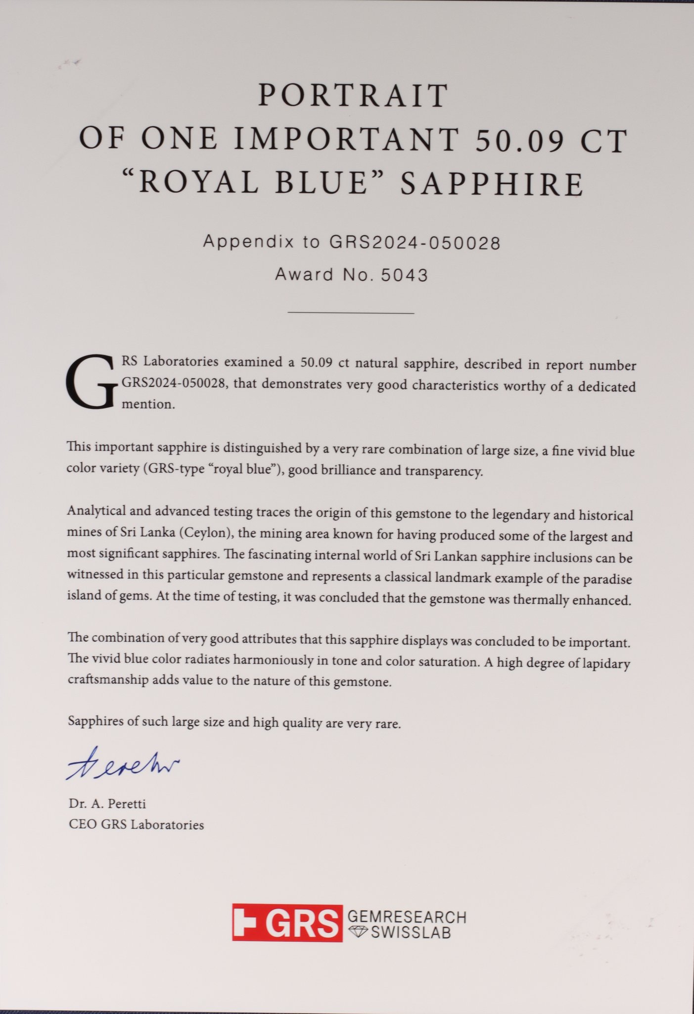 Инвестиционный сапфир Royal Blue в огранке овал 50,09 карат, Шри-Ланка  Изображение №6