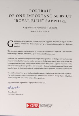 Сертификат Инвестиционный сапфир Royal Blue в огранке овал 50,09 карат, Шри-Ланка 