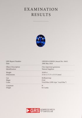 Сертификат Инвестиционный сапфир Royal Blue в огранке овал 50,09 карат, Шри-Ланка 