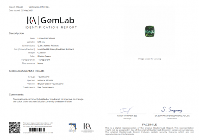 Сертификат Тёмно-зелёный турмалин 6,96 карат, Афганистан, ICA