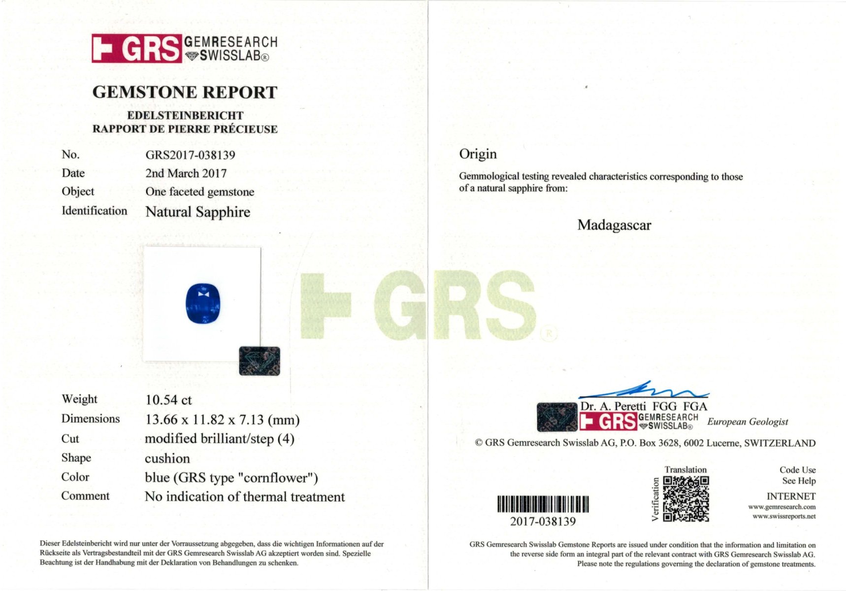 Негретый сапфир 10,54 карат, Мадагаскар, GRS Изображение №6