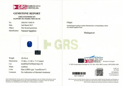 Сертификат Негретый сапфир 10,54 карат, Мадагаскар, GRS