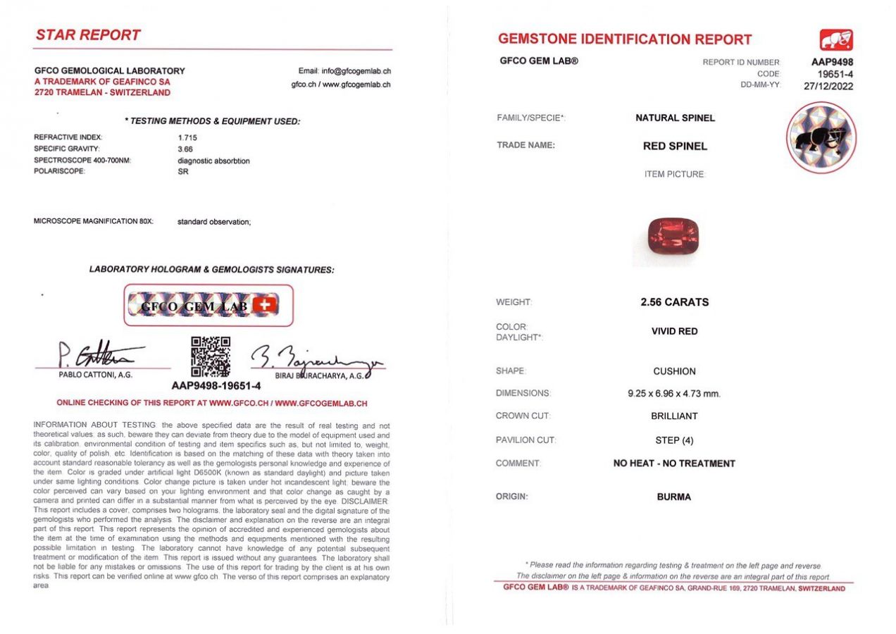 Сертификат Красная шпинель в огранке кушон 2,56 карат, Бирма
