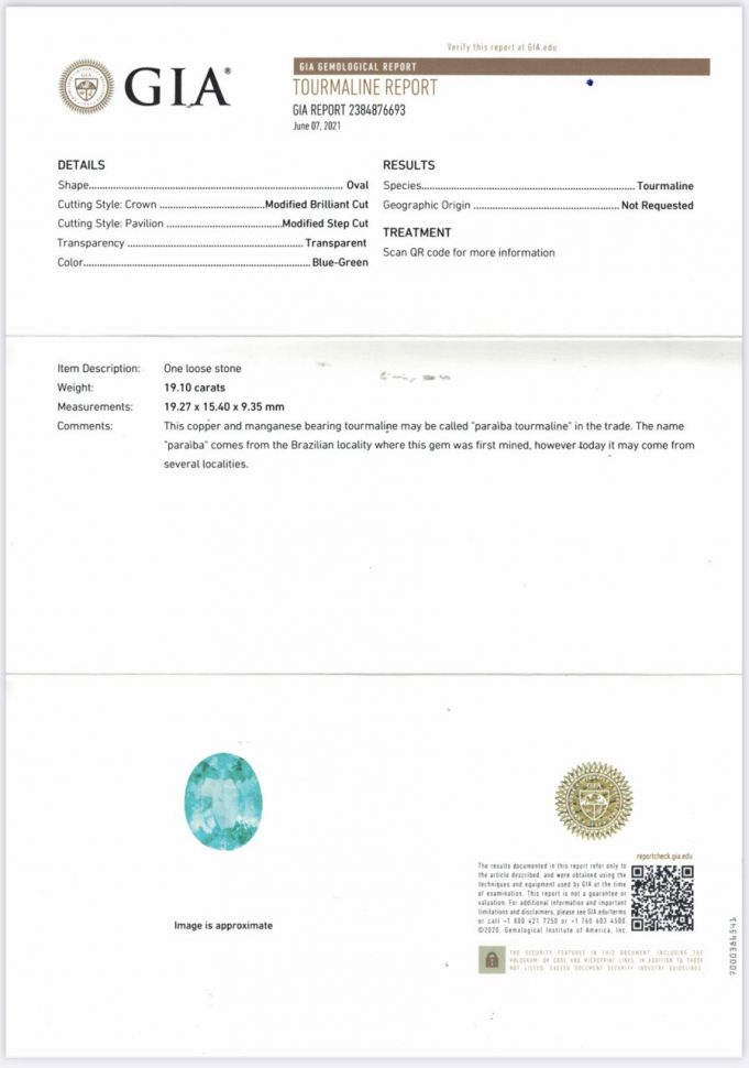 Сертификат Ярко-голубой неоновый турмалин Параиба 19,10 карат