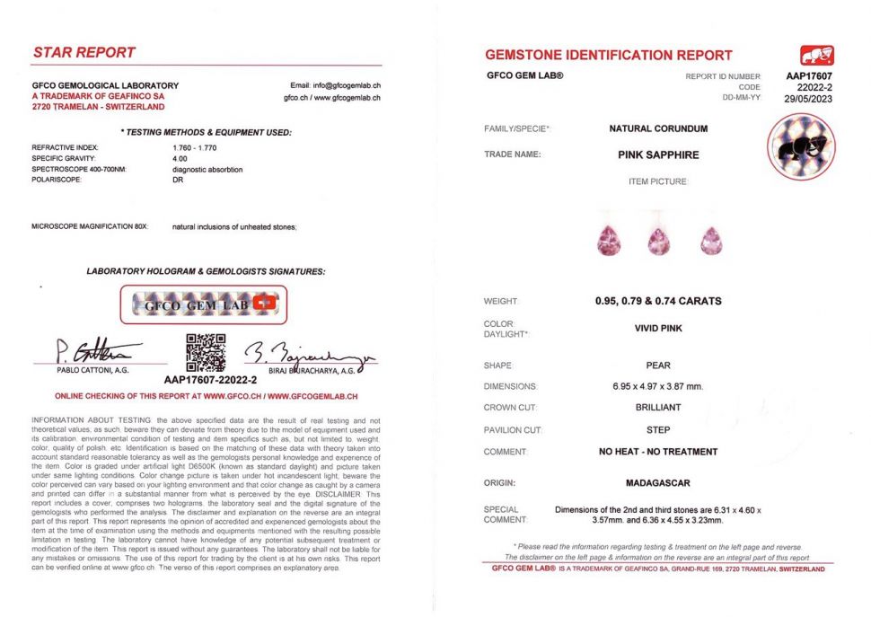 Сертификат Комплект из розовых сапфиров в огранке груша 2,48 карата, Мадагаскар