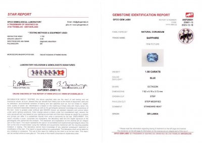 Сертификат Синий сапфир в огранке радиант 1,55 карат, Шри-Ланка