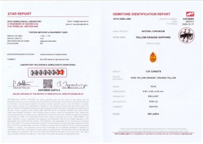 Сертификат Желто-оранжевый сапфир в огранке груша 1,67 карата, Шри-Ланка