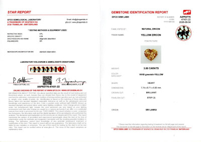 Сертификат Яркий зеленовато-желтый циркон в огранке сердце 3,06 карата, Шри-Ланка
