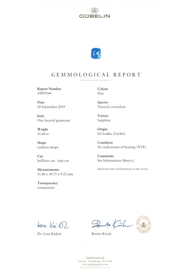 Сертификат Негретый цейлонский сапфир 11,64 карата, (Gubelin, GRS)
