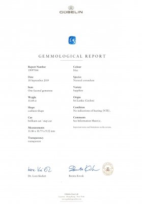 Сертификат Негретый цейлонский сапфир 11,64 карата, (Gubelin, GRS)