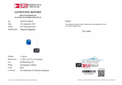 Сертификат Негретый цейлонский сапфир 11,64 карата, (Gubelin, GRS)