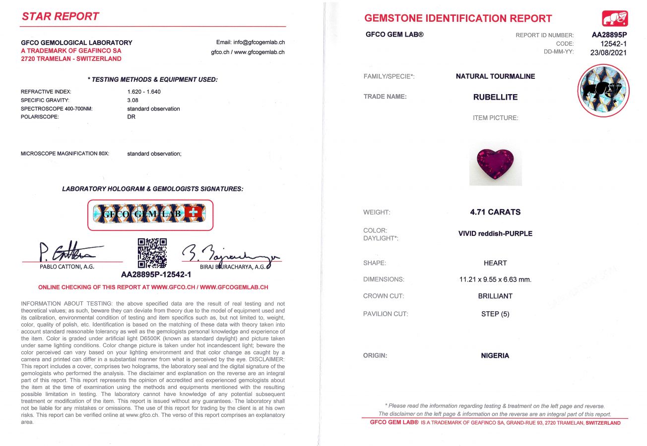 Сертификат Рубеллит из Нигерии в огранке сердце 4,71 карата, GFCO