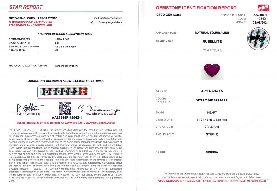 Рубеллит из Нигерии в огранке сердце 4,71 карата, GFCO Изображение №5
