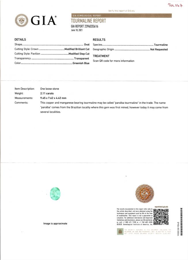Сертификат Неоново-голубой турмалин Параиба в огранке овал 2,11 карата, GIA