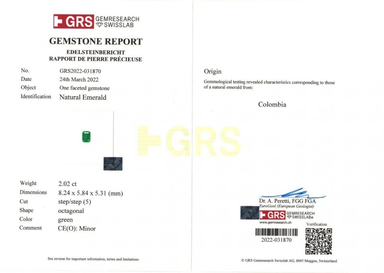 Сертификат Колумбийский изумруд в огранке октагон 2,02 карата, GRS