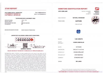 Сертификат Яркий васильковый сапфир из Шри-Ланки 1,66 карат