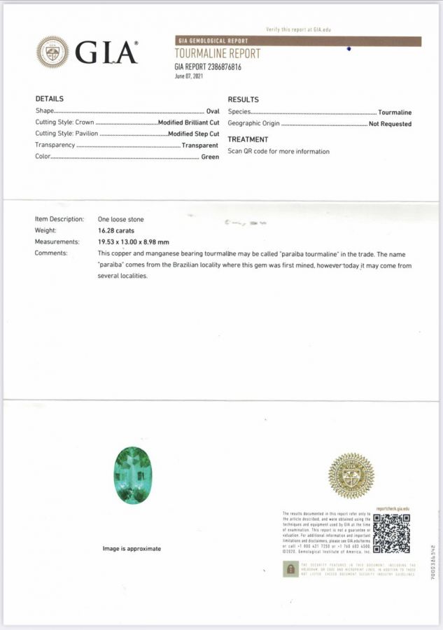 Сертификат Неоновая зеленая Параиба в огранке овал 16,28 карат