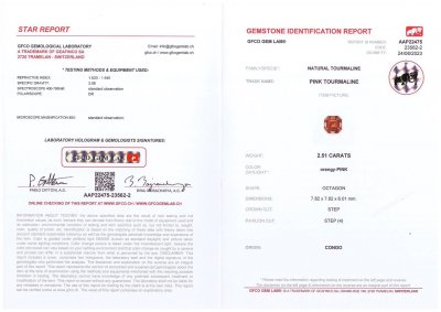 Сертификат Розовато-оранжевый турмалин из Африки 2,51 карата
