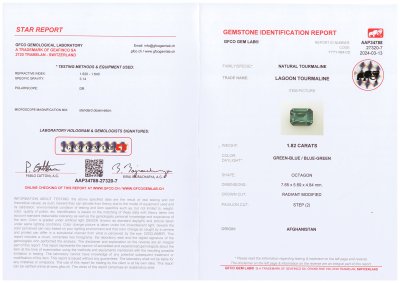 Сертификат Сине-зелёный турмалин индиголит в огранке октагон 1,82 карат
