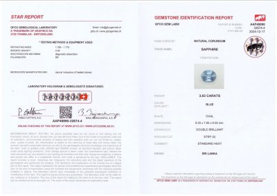 Сертификат Синий сапфир Pastel Blue в огранке овал 3,63 карата, Шри-Ланка
