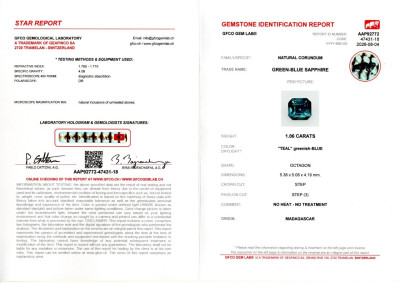 Сертификат Негретый сапфир Teal в огранке октагон 1,06 карат, Мадагаскар