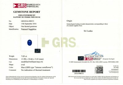 Сертификат Пара негретых цейлонских сапфиров 14,10 карат, GRS