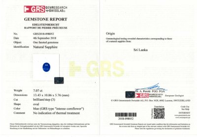 Сертификат Пара негретых цейлонских сапфиров 14,10 карат, GRS