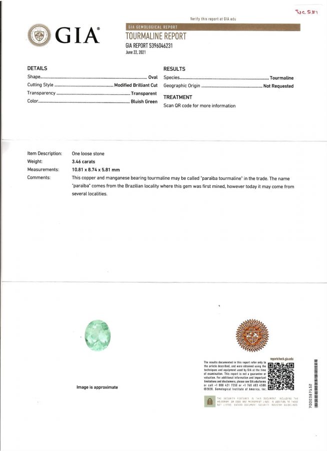 Сертификат Зеленовато-голубой турмалин Параиба из Мозамбика 3,46 карата, GIA
