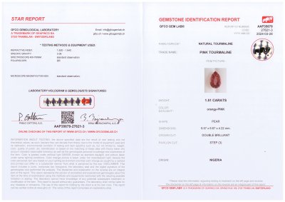 Сертификат Оранжево-розовый турмалин в огранке груша 1,51 карата