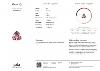 Сертификат Розовый морганит в огранке триллион 3,90 карата