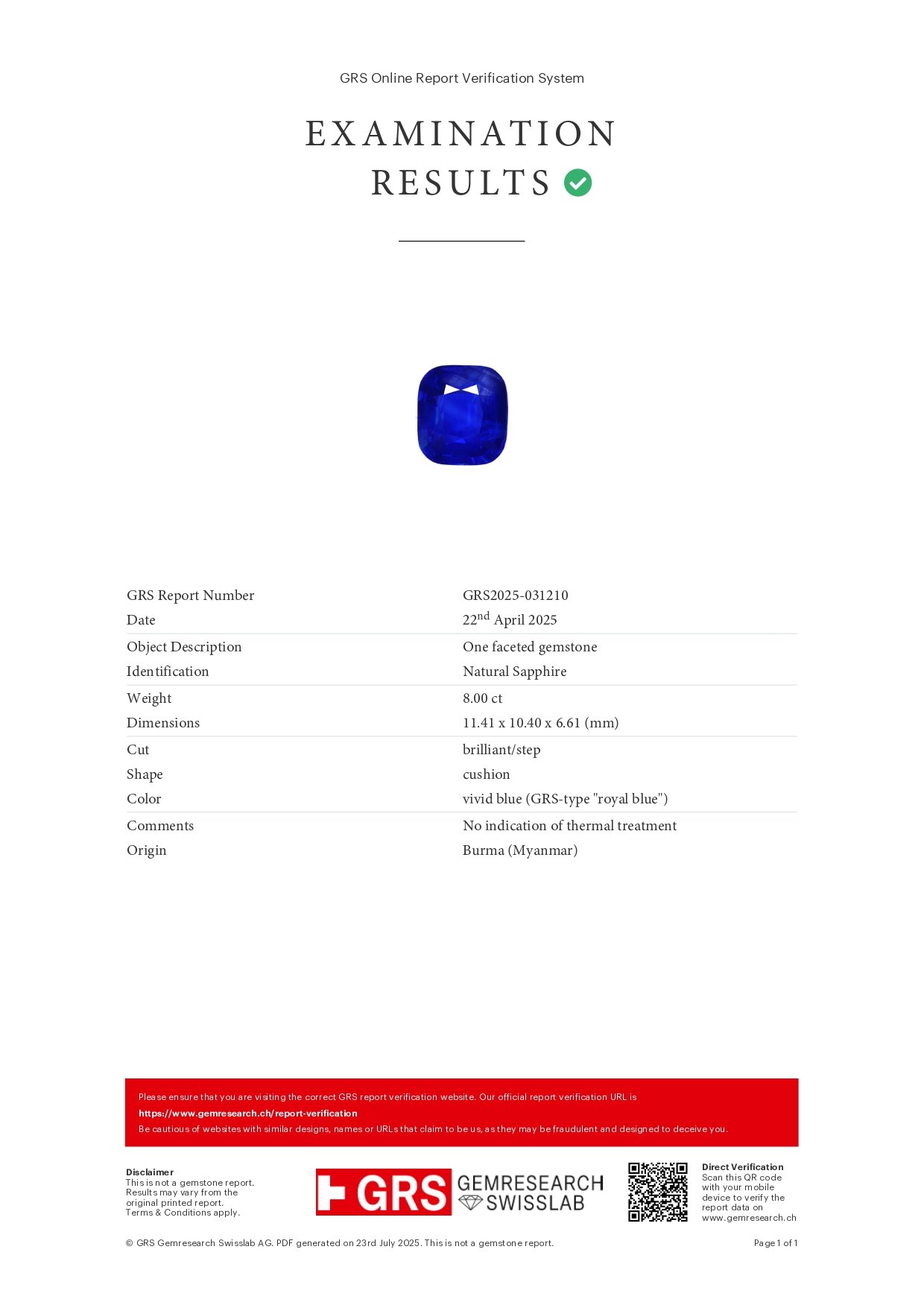 Негретый сапфир Royal Blue в огранке кушон 8.00 карат, Бирма Изображение №6