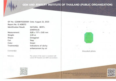 Сертификат Изумруд в огранке октагон 2,49 карат, Колумбия